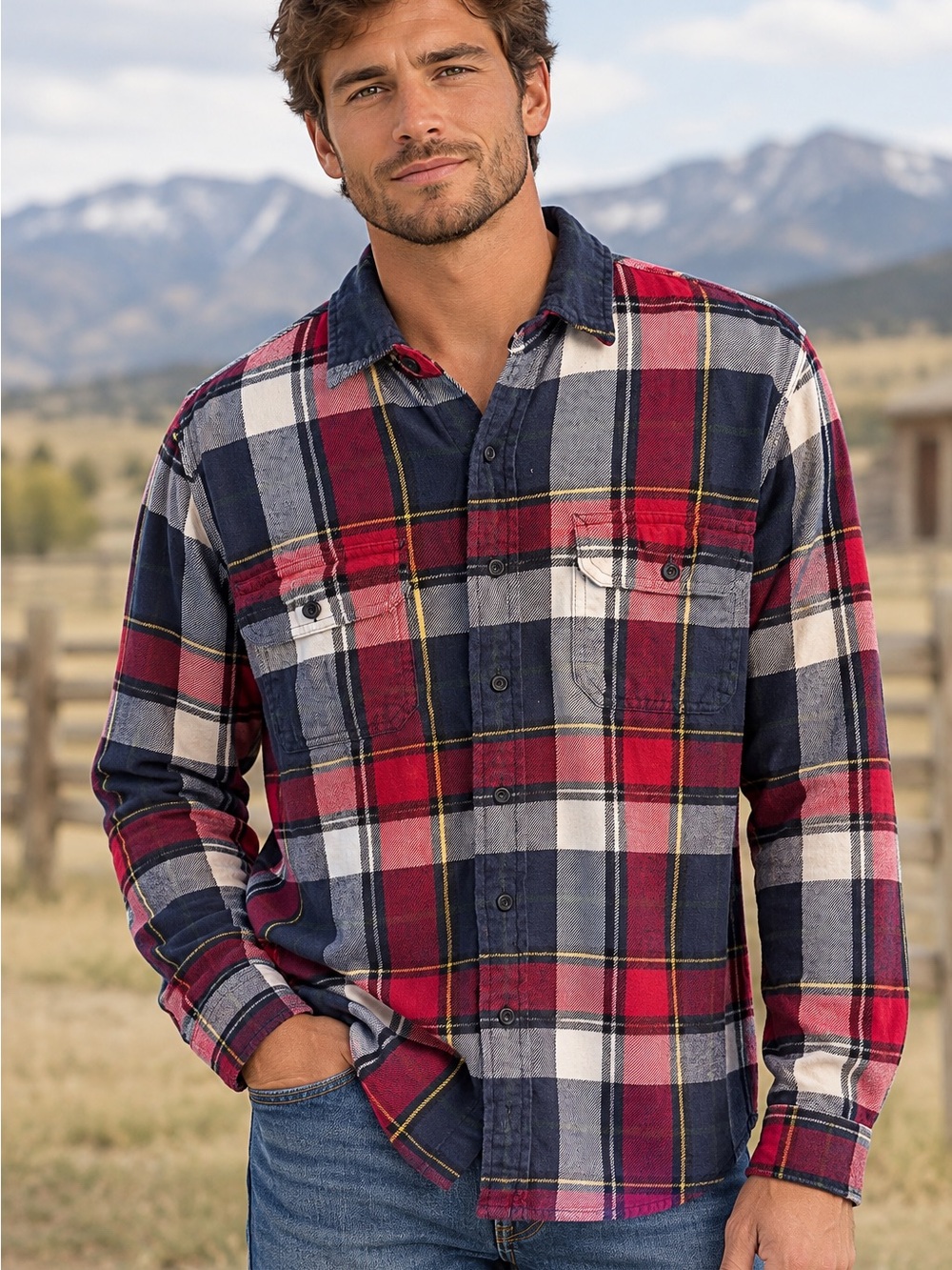 American Eagle Men’s Red Navy Plaid Cotton Flannel Button Down Shirt Large Tall